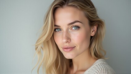 Fototapeta premium A woman with flowing blonde hair gazes softly at the camera, with a gentle expression, against a light neutral background, exuding natural beauty. Generative, AI,