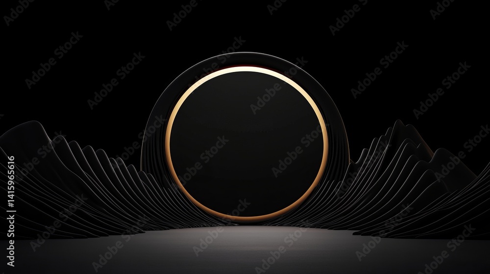 Aufkleber golden-ringed circle stands between layered black abstract structures on a gradient black surface.