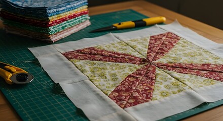 Close-up of a quilt in progress, with fabric pieces and cutting tools on a wooden surface.