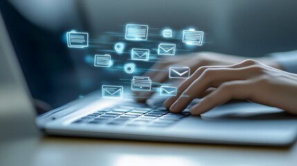 Woman typing on laptop, glowing electronic document files and digital signature,
