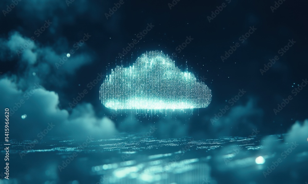 Poster a white cloud icon on a dark blue background with binary code, symbolizing the idea of online storag