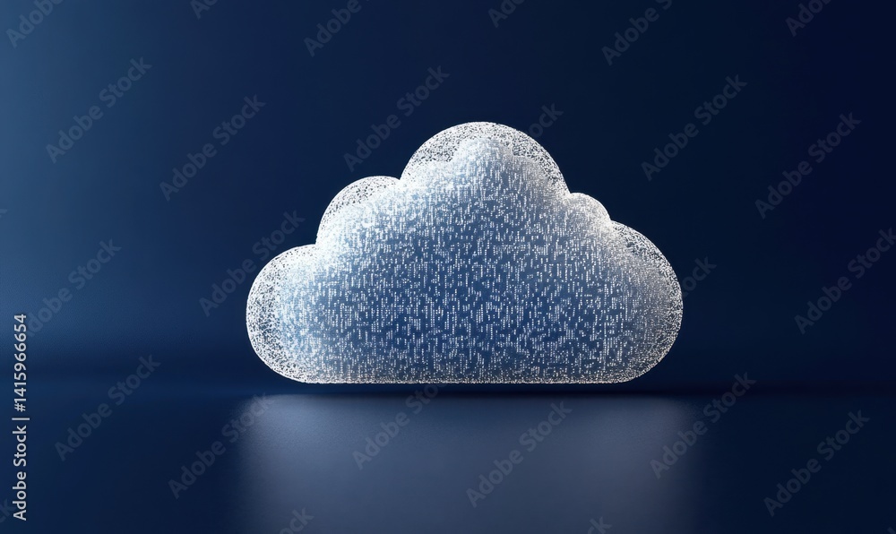Poster a white cloud icon on a dark blue background with binary code, symbolizing the idea of online storag