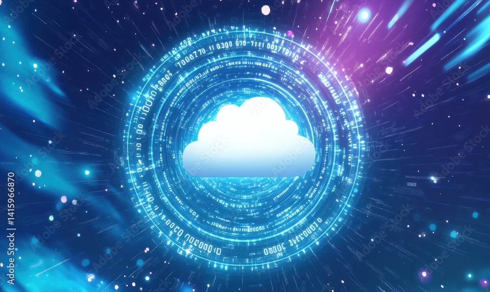 Poster a white cloud icon inside a circle on a blue digital background, with binary code in the dark space 