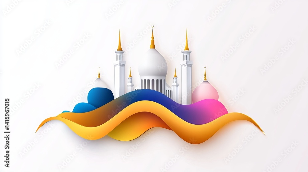 Poster illustrated mosque architecture with domes and minarets is presented with colorful wavy graphics on 