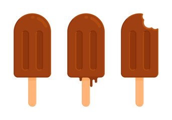 Set of chocolate popsicles in whole, melting, and bitten stages. Summer dessert and frozen treat concept. Flat vector illustration isolated on white background