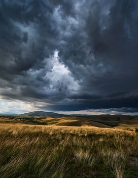 Dramatic storm clouds over rolling hills in open grassland landscape
