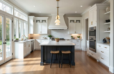 Fototapeta premium New modern farmhouse kitchen interior. White cabinets, dark island, stainless steel appliances. Luxury home design. Hardwood floor, pendant lights, kitchen island with stools. Perfect home renovation