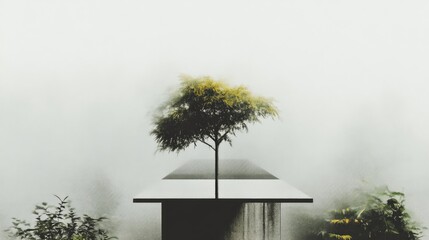 Misty minimalist landscape with a solitary tree atop a modern structure
