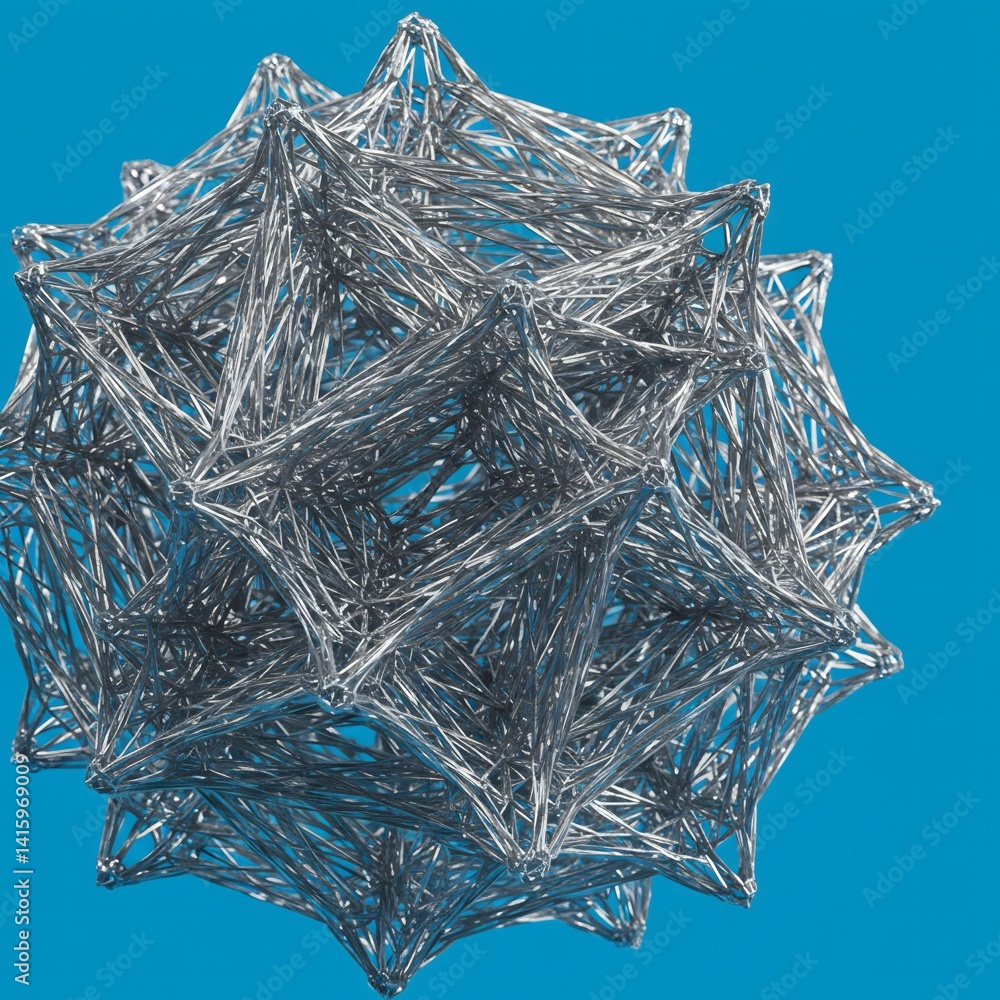 Poster metallic 3d structure render on blue background abstract geometric shape design, digital art illustr