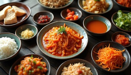 Korean traditional dishes on dark wood table. Variety of side dishes, sauces and salads. Bowls of rice, noodles, vegetables. Delicious dinner for lunch. Traditional cuisine, asian food concept.