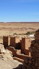 Ait Ben Haddou, in Morocco. Ancient Clay Village and Palm Tree Oasis Landscape