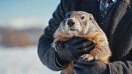 A person is holding a large groundhog. The groundhog is brown and furry, and it is quite large. The person is wearing a black coat and gloves, and the groundhog is in their arms