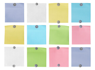 Colorful sticky notes pinned to transparent background creating reminder message board. Isolated