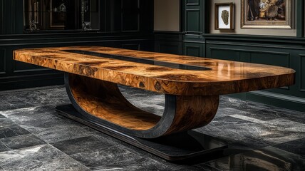 Elegant wooden dining table with a unique design, showcasing rich textures and a modern base, perfect for upscale interior decor and luxury home styling.
