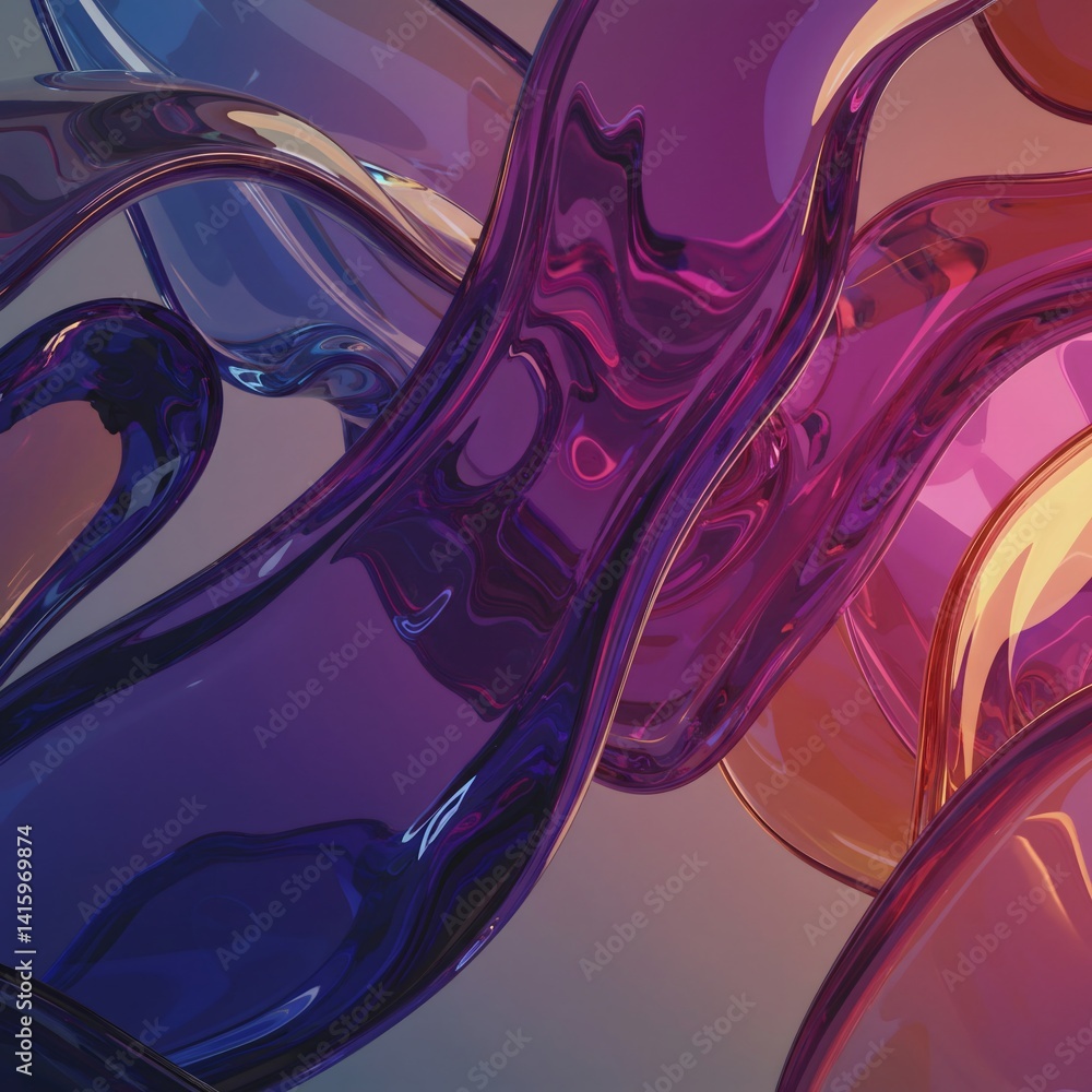 Poster abstract 3d fluid wave shapes with gradient colors, smooth glossy surface, dynamic lines, modern dig