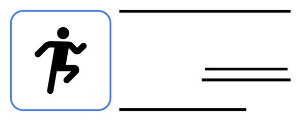 Running figure inside framed box paired with abstract text lines conveying movement, direction, or action. Ideal for communication, interface, mobility, speed, progress, energy flat simple metaphor