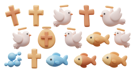 Cartoon Christian Symbols Arranged on White Background
