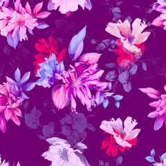 Seamless floral background pattern. Abstract flowers peony, branches with leaves on purple. Pattern for textile, fabric and other prints purpose. Hand drawn artwork, vector wallpaper.