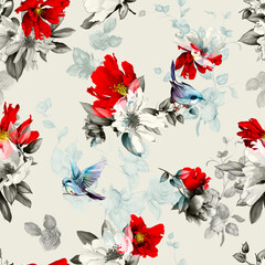 Seamless floral background pattern. Abstract flowers peony, branches with birds and leaves on white. Pattern for textile, fabric and other prints purpose. Hand drawn artwork, vector wallpaper.