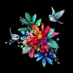 Bouquet of flowers with two birds around isolated on black. This template can be used as other type of invitations and holidays. Vector - stock.