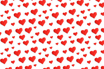 Red origami paper hearts pattern on white background. Flat lay composition. Valentines Day and love concept for greeting card, invitation, and poster design,