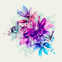 Bouquet of flowers with two birds around. This template can be used as other type of invitations and holidays. Vector - stock.