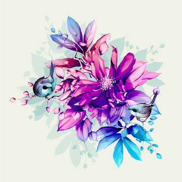 Bouquet of flowers with two birds around. This template can be used as other type of invitations and holidays. Vector - stock.
