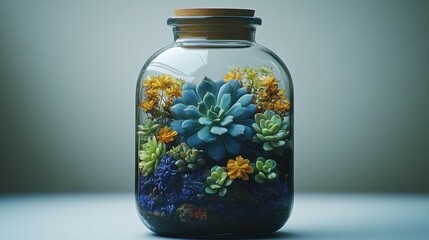 A decorative glass terrarium filled with various beautiful plants