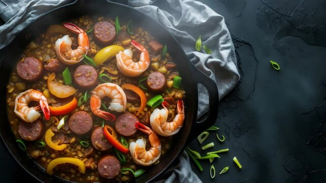 Close-up view of jambalaya showcasing prawns, smoked sausage, and vegetables in a black cast iron skillet set against a dark background. Aerial perspective, flat lay.