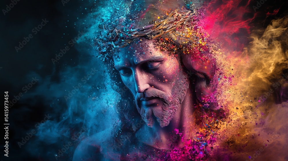 Poster jesus portrait displays colorful particle effects with a crown of thorns against a dark gradient bac