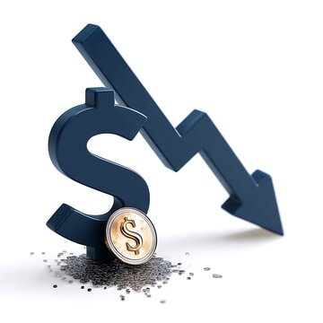 Dollar sign with falling arrow and coin isolated on white background