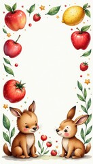 Whimsical watercolor illustrations of baby animals and food on a colorful background , background, whimsical