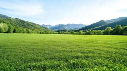 Fototapeta premium Lush green field stretches towards distant mountains under a clear sky