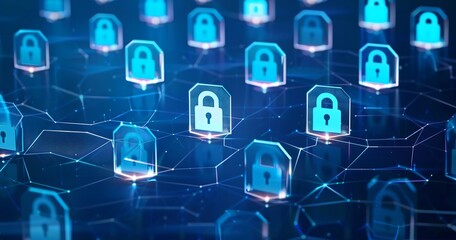 A blue background with hexagons and security padlocks, symbolizing data protection in