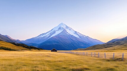 Fototapeta premium Majestic mountain peak above a golden field at dawn. A small, rustic hut sits in the foreground