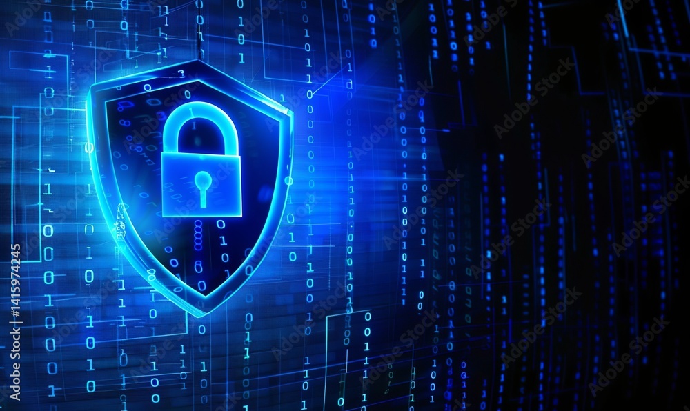 Poster a blue digital shield with an outline of a lock, set against a dark background filled with binary