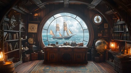 Fototapeta premium Stylized AI-generated pirate ship cabin interior, ideal for fantasy games, storytelling visuals, and historical adventure concepts 
