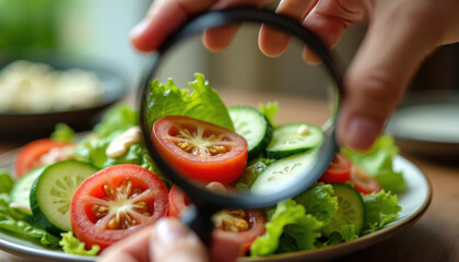 Person inspects fresh salad through magnifying glass. Dish with lettuce tomatoes cucumber on wooden table. Vegetarian food, healthy diet meal, vitamins, organic natural ingredient closeup.
