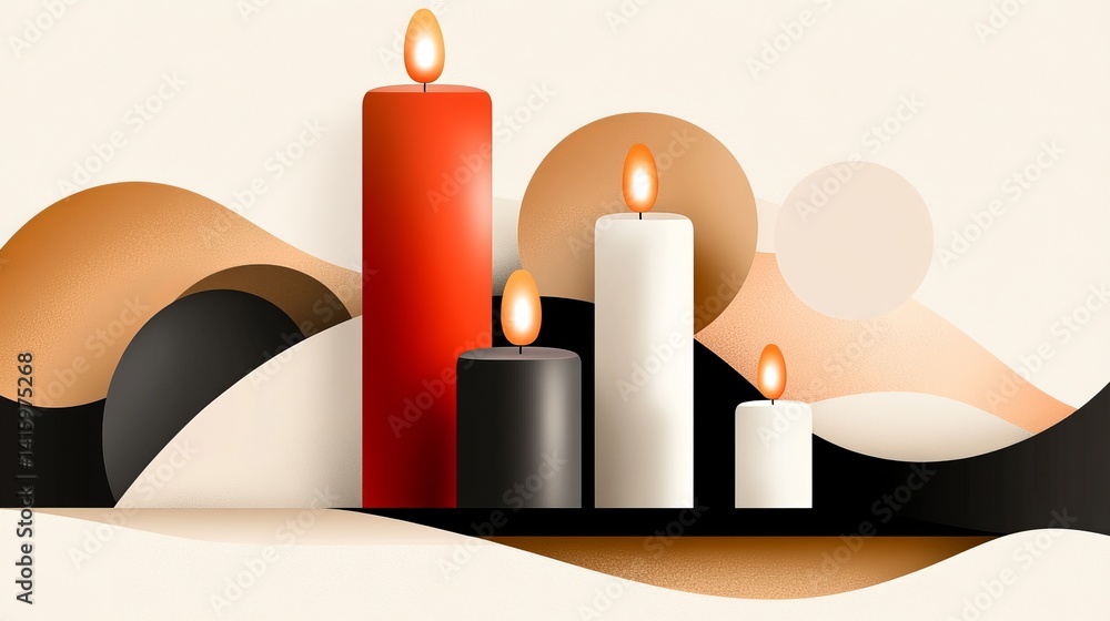 Poster lit candles of varying heights stand on a platform against an abstract backdrop with geometric shape