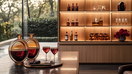 Elegant bar setup featuring premium spirits and stylish glassware, perfect for sophisticated gatherings and upscale hospitality.