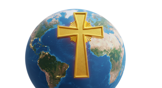 Earth Globe with a Golden Cross Symbol Against White Background