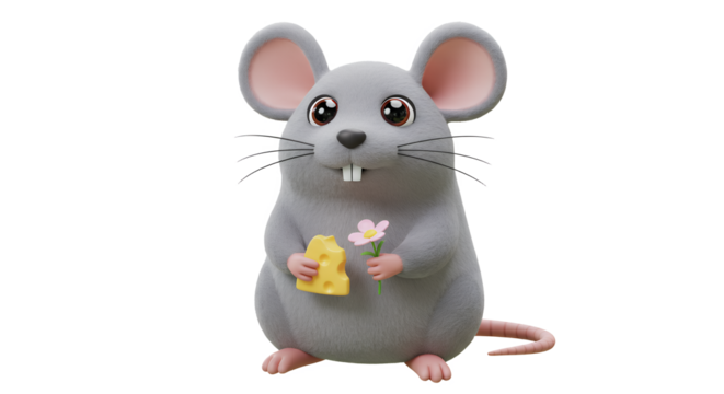 Cute Gray Mouse Holding Cheese and a Flower Illustration - Powered by Adobe