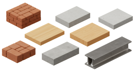Construction Materials Isometric View Bricks Concrete Wood and Metal