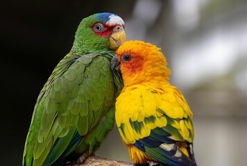 A pair of colorful Conure birds perched