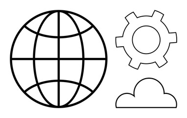 Globe representing global reach, cloud symbolizing data storage and sharing, and gear for innovation and technology. Ideal for networking, technology, teamwork, cloud computing, communication, global