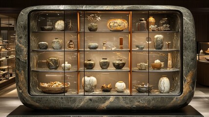 Elegant display of ancient artifacts in a modern glass showcase, highlighting cultural heritage and craftsmanship in a museum setting.
