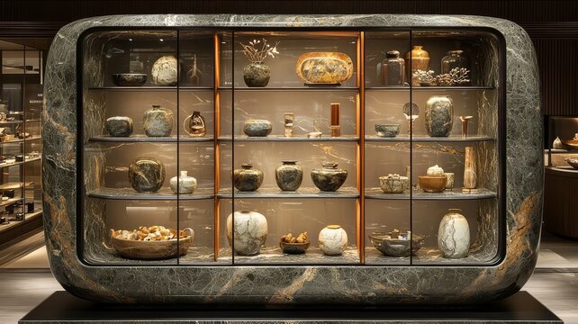 Elegant display of ancient artifacts in a modern glass showcase, highlighting cultural heritage and craftsmanship in a museum setting.