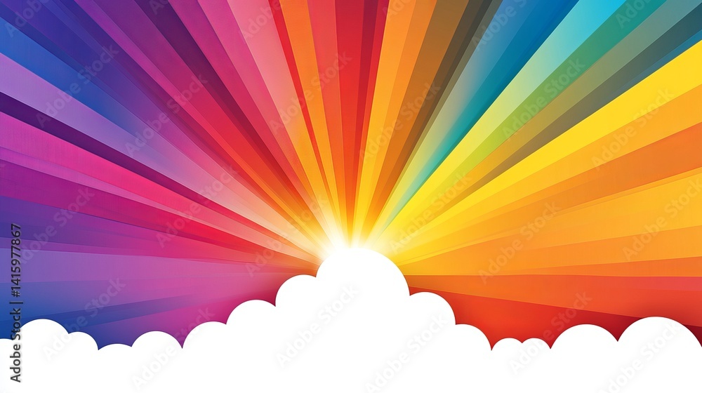 Poster radiating multicolored stripes burst forth from behind simple white clouds in a digitally illustrate