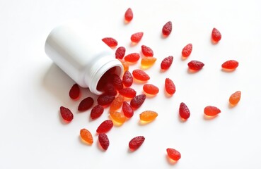 Multivitamin gummies spilling from a white bottle isolated on white background. Colorful candies with different flavors. Healthy diet supplement. Food for kids and adults. Nutrition, health.