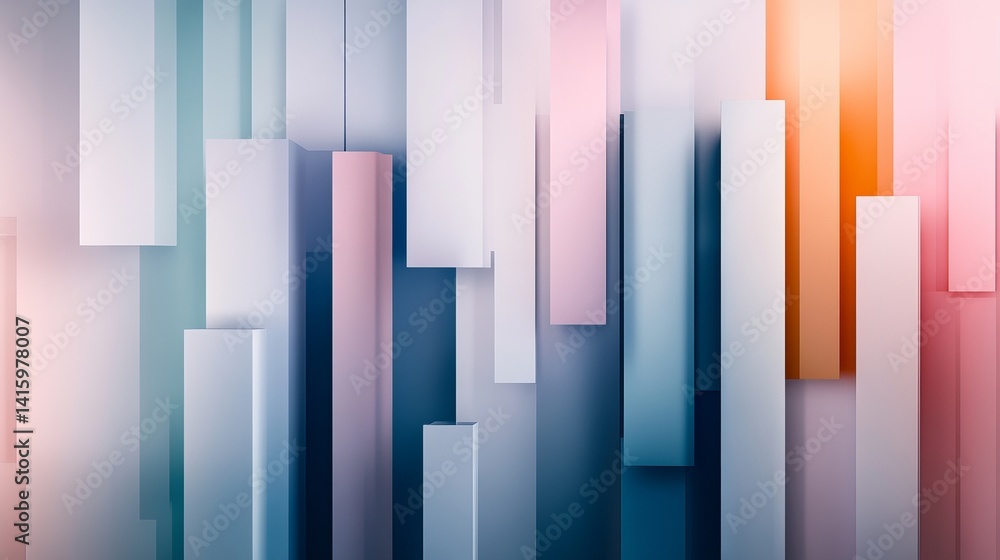 Poster rectangular geometric shapes hang in a pattern exhibiting pastel color gradients and subtle shadows 
